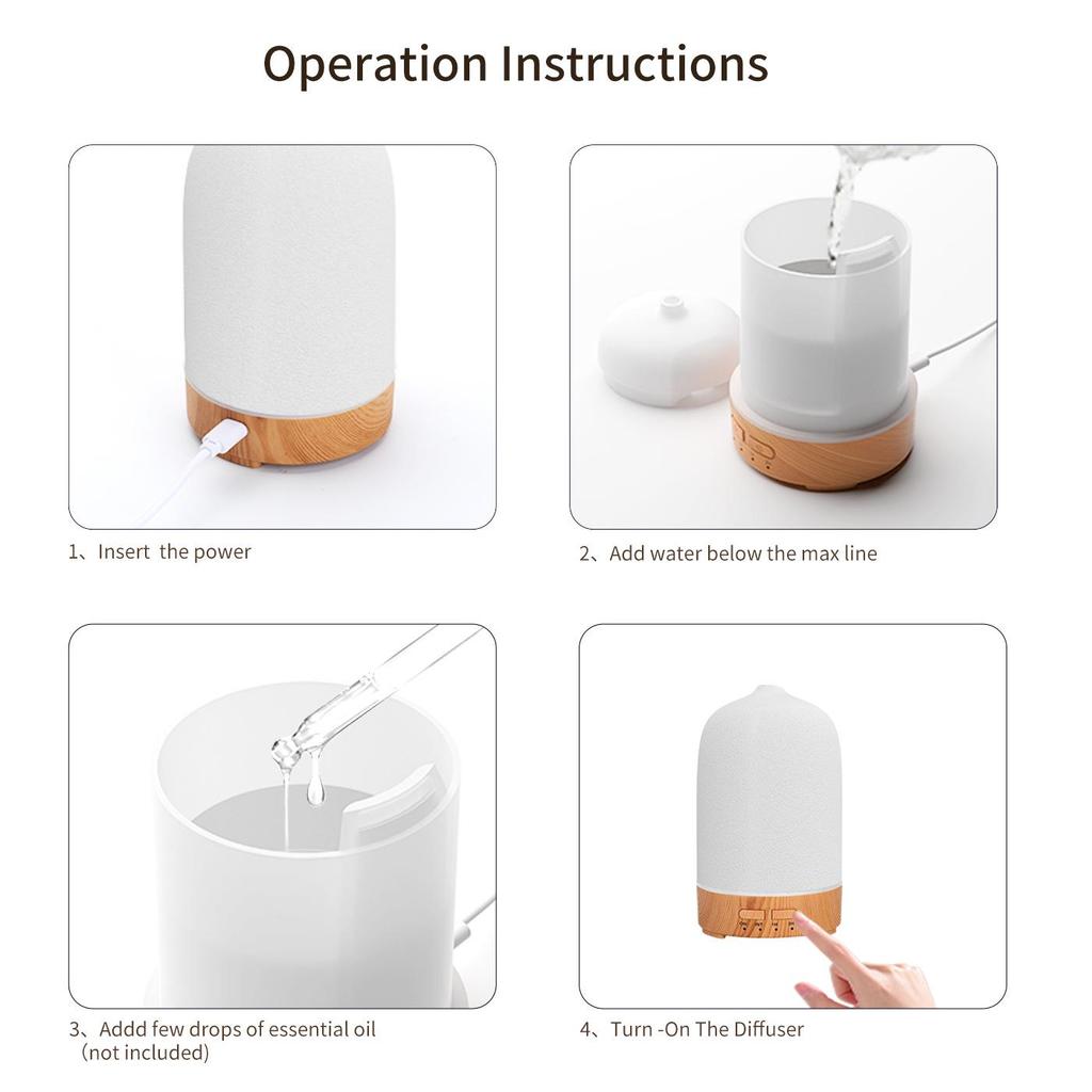 150ml USB Ceramic Aroma Diffuser & Humidifier with Timer, Silent Ultrasonic Mist, Essential Oil Compatible, 7 Color LED Lights
