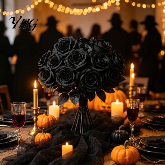 Long Stem Faux Flowers Realistic Silk Black Roses with Stems for Wedding Centerpieces, Halloween Home Decor, Artificial Floral Arrangements