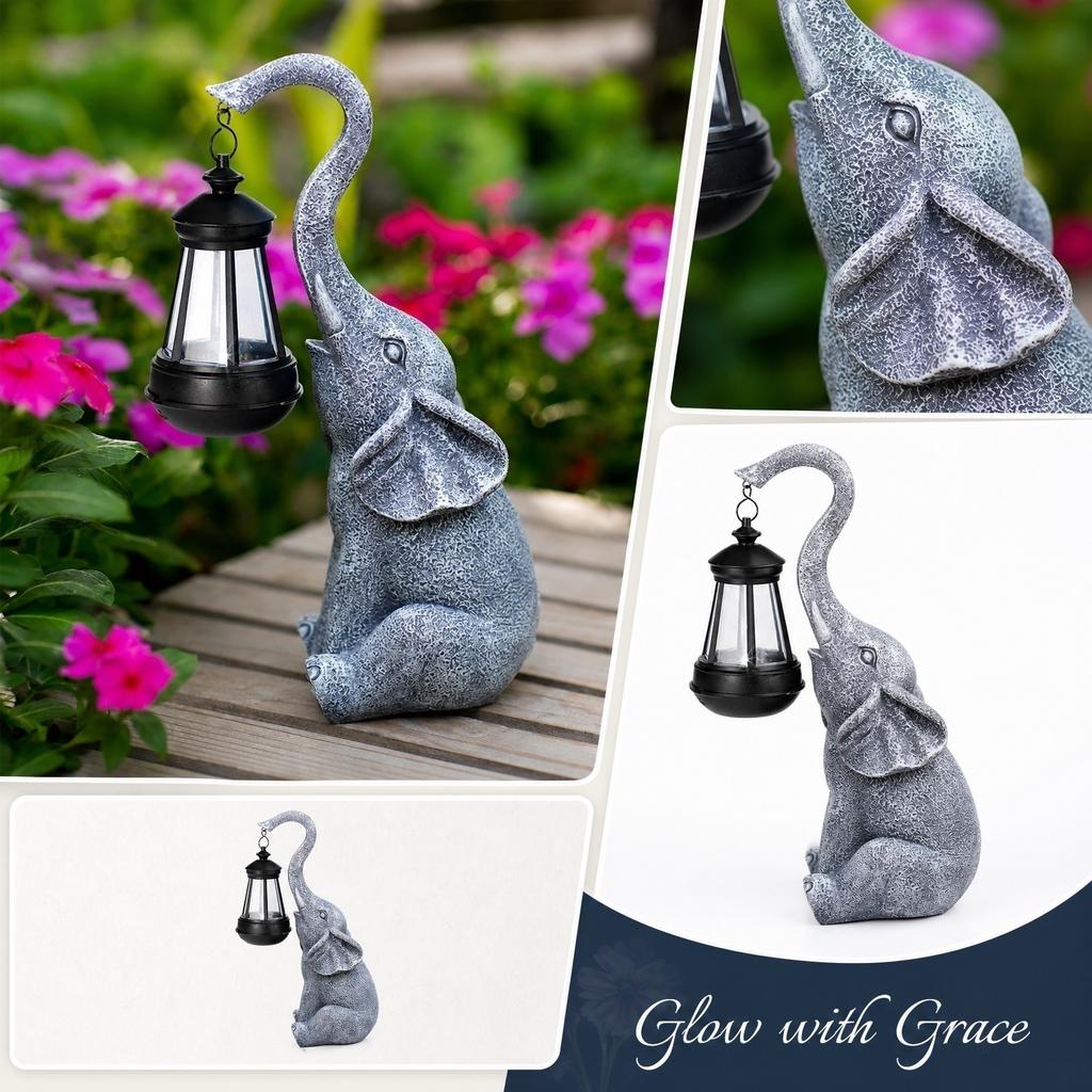 Outdoor Elephant Statue Solar Lantern Garden Decor Resin Animal Sculpture Yard Ornament with Hanging Lantern for Patio Pathway Lighting