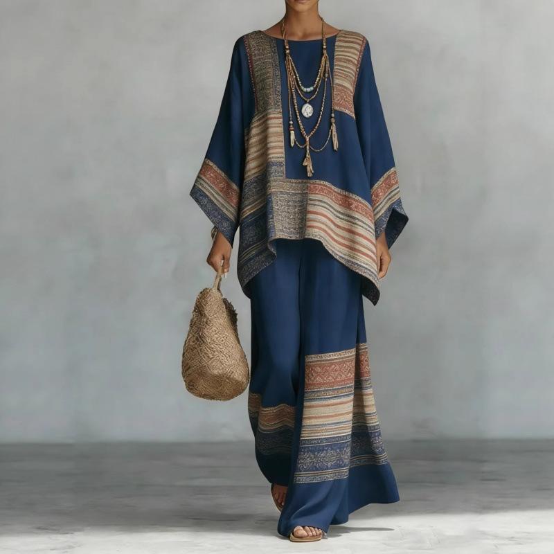 1116 European and American spring new printing temperament round neck versatile casual loose two-piece set