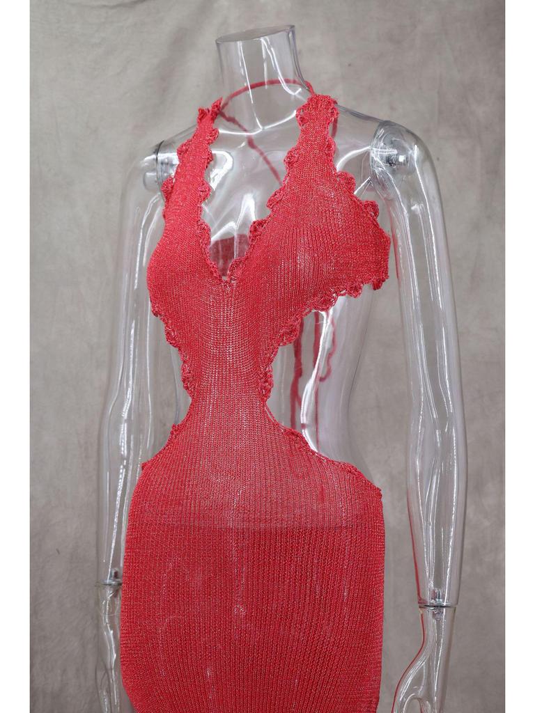 Spring/Summer Deep V Cut-Out Lurex Hand-Crocheted Knit Dress with Lace-Up Slit