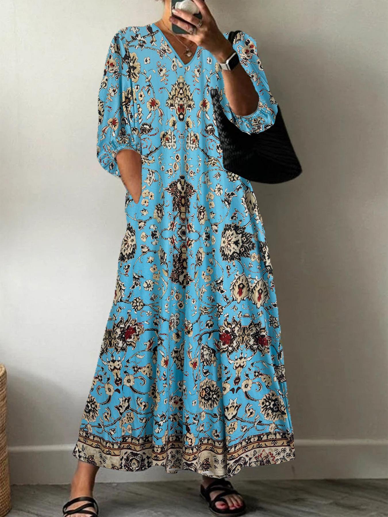 

Summer Floral Print V-Neck Mid-Sleeve Casual Long Dress XXL небо синє кольору