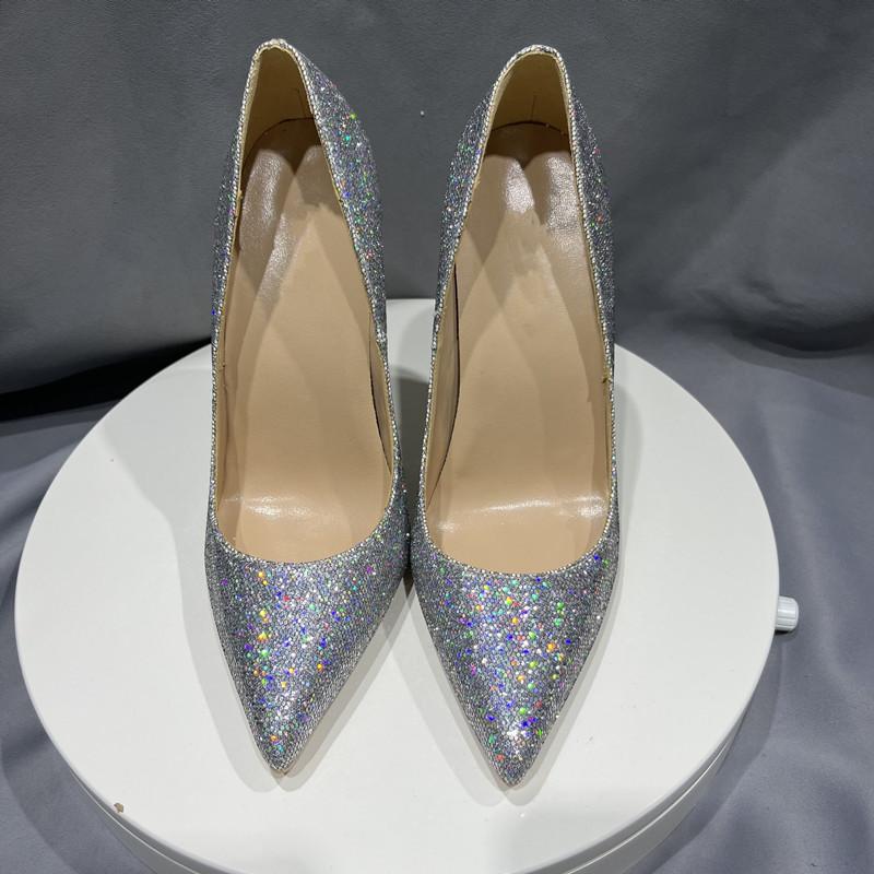 

Блестящие серебристые блестящие туфли на высоком каблуке 10 см, женские туфли-лодочки, свадебные туфли 2024 года, женские, большой размер 43, 44, 45 39