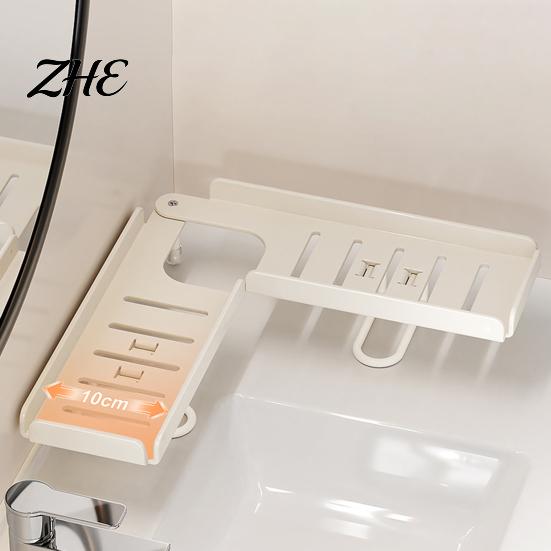 Bathroom Counter Organizer Foldable Faucet Storage Rack, 180 Degree Straight Deployment And 90 Corner No Drill Shelf Turn Two Installation Way,