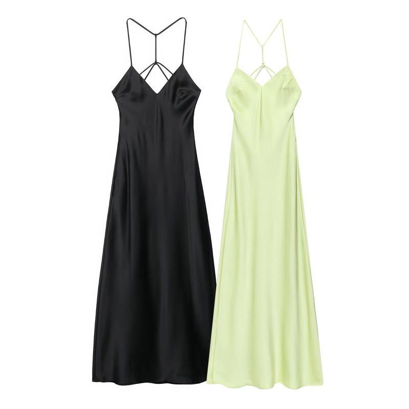 Kaslead New Women clothes Western Style Cross Ribbon Satin Texture Midi Dress 8034331