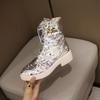 Glänzende, funkelnde Paillettenstiefel für Damen, klobiger Absatz, Schnürung, Reißverschluss, Glitzer, Gold/Silber, Bootie, Party-/Ballschuhe