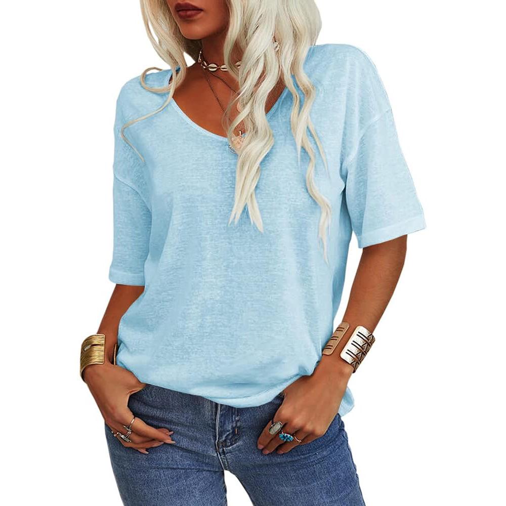 Women's V-Neck Short Sleeve Loose T-Shirt - Casual Basic Top