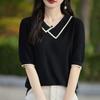Women's Summer Tencel Lyocell Square Collar Contrast Honeycomb Knit Short-Sleeve Sweater Top
