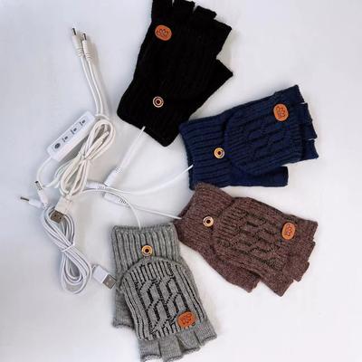 Solid Color Jacquard Quality USB Electric Heating Flip Half Finger Knitted Warm Gloves with Bare Fingers and Functional Gloves