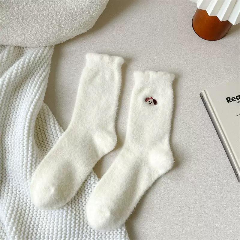 Winter white medium tube women autumn and winter fleece thickened cute cartoon warm sleep confinement socks plush stacking socks