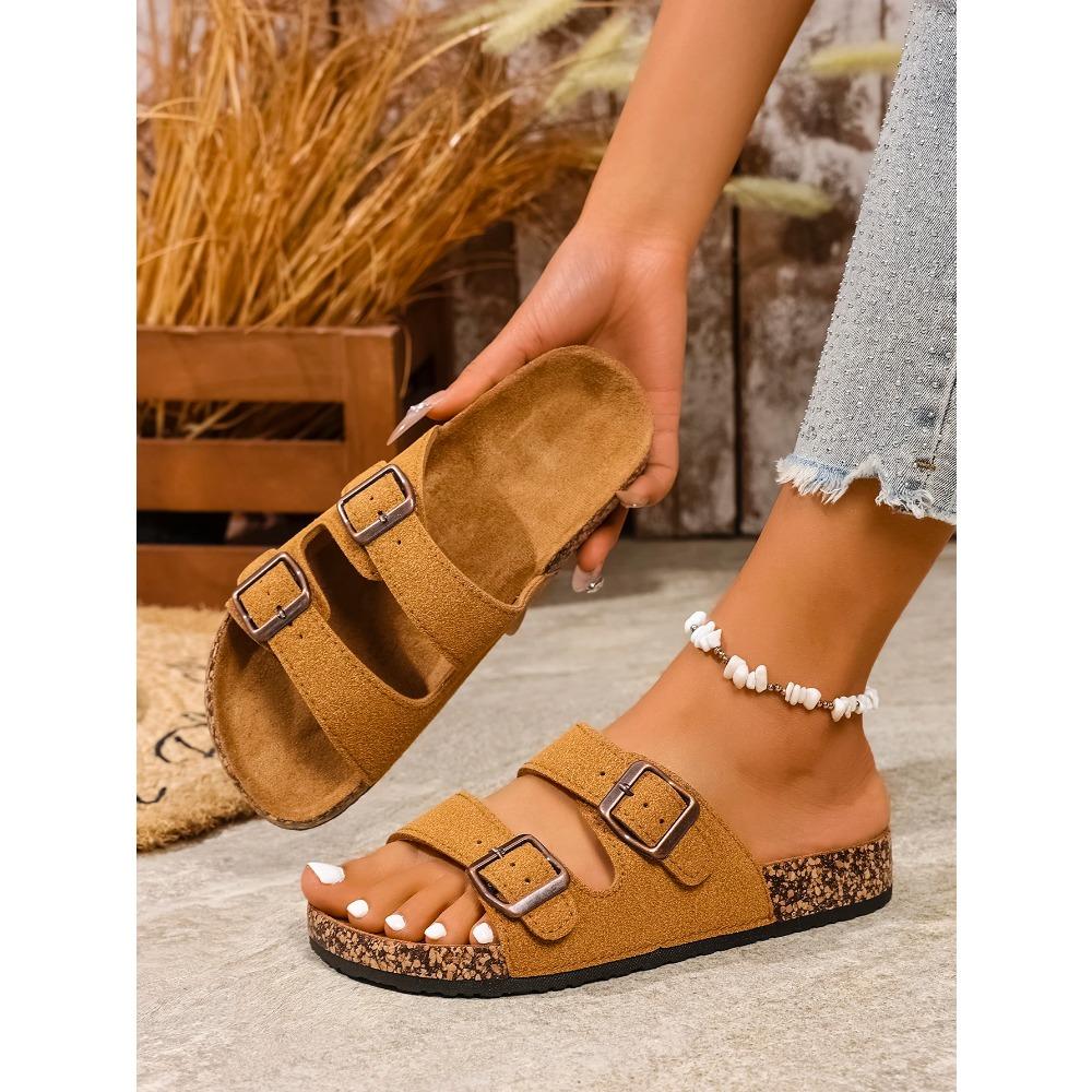 Women's Teen Mules New Spring and Summer Vintage Casual Slip-On Shoes Pu Upper Double Strap Half Slippers with Adjustable Buckle
