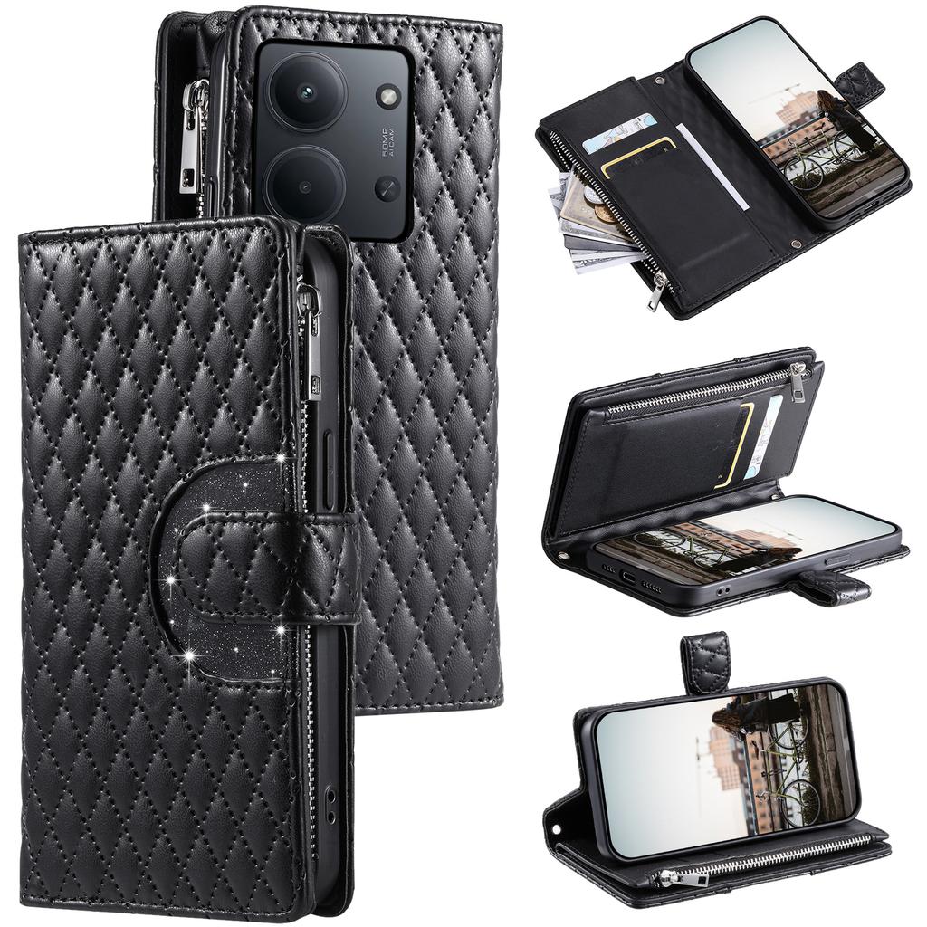 Dla Xiaomi Redmi 15C 5G (UE) (173mm)/15C 4G (UE) (173mm) Etui Kieszeń na zamek błyskawiczny Brokatowa skóra Pokrowiec na telefon ze smyczą na nadgarstek