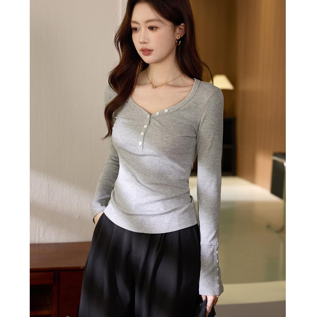 Button V-neck Long-sleeved T-shirt for Women's Pure Cotton Autumn New Style Front Shoulder Top Base Shirt