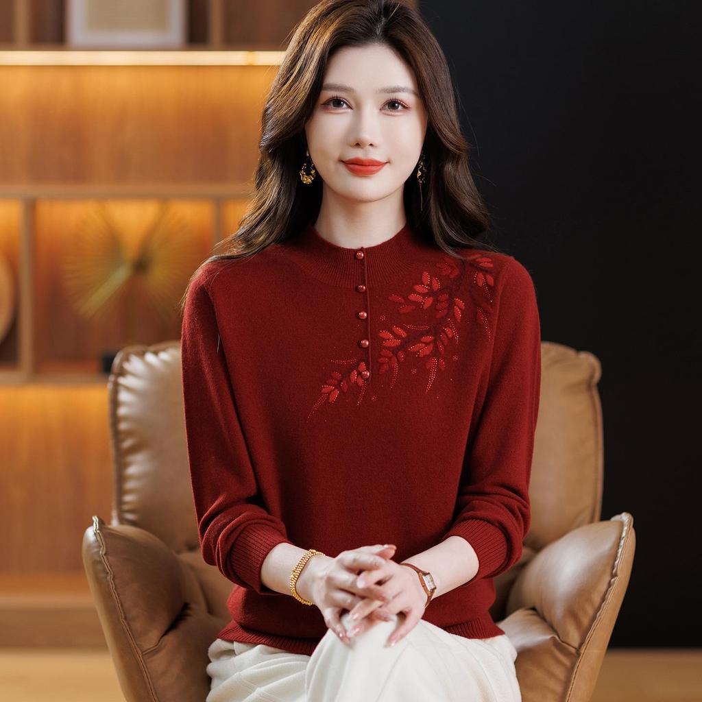 Women's Plus Size Pure Wool Embroidered Sweater - Autumn/Winter Base Layer with Half-high Collar, Perfect for Middle-aged and Elderly Moms.