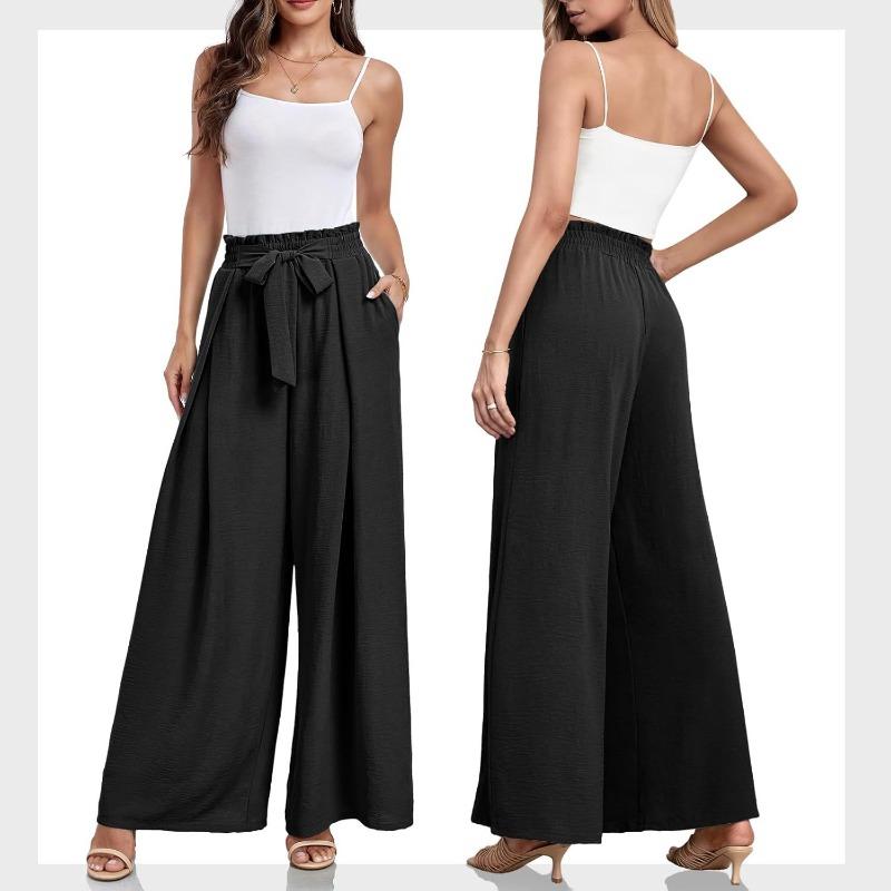 Women High Waist Pleated Loose Wide Leg Casual Summer Long Pants
