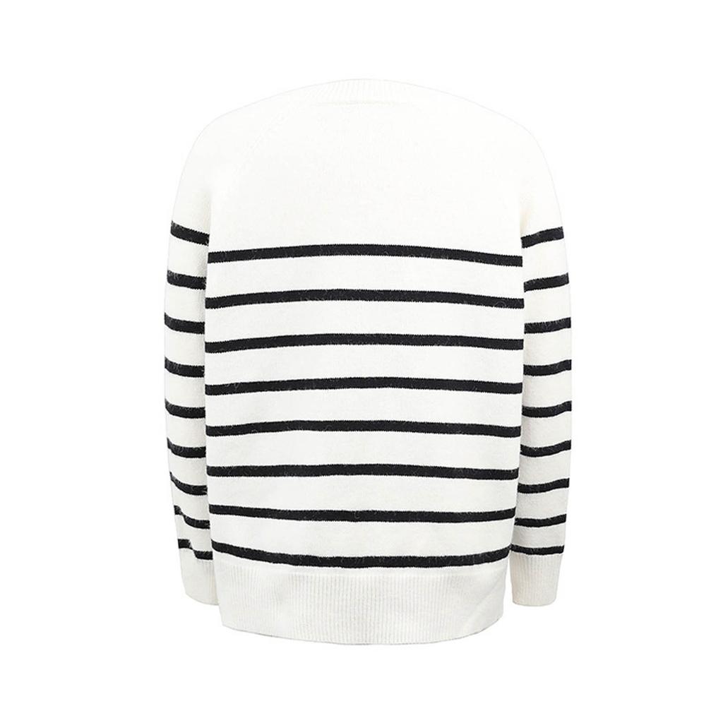 Women's Stripe Knitted Sweater Round Neck Shoulder Button Pullover Sweater