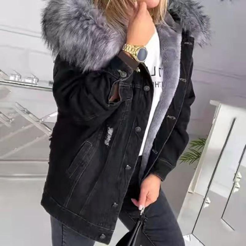 Giacca di jeans strappata foderata in pile da donna - Collezione Autunno/Inverno 2024, Stile Europeo & Americano