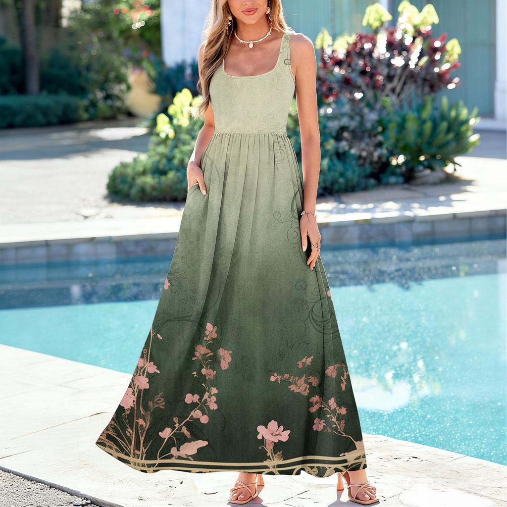 Ladies' floral print summer casual and fashionable sleeveless long dress