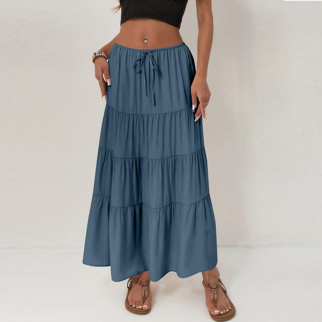 Damen Baumwollrock Hohe Taille Elastischer Bindegürtel Großer Schwingrock Europäischer Und Amerikanischer Lockerer Gespleißter Langer Rock Für Damen