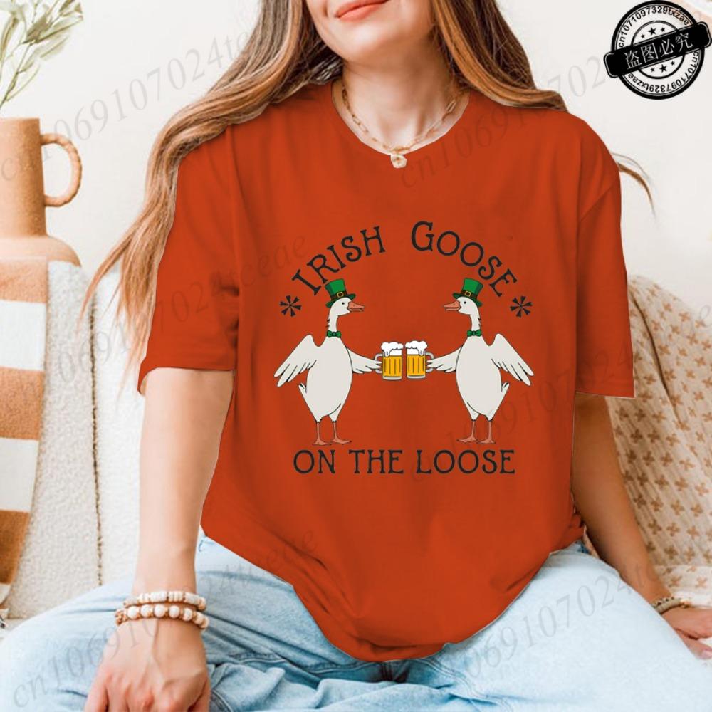 Lucky Goose on The Loose Printed Tshirt Shirt for Women St Patrick's Day T-Shirts Short Sleeve Drinking Goose Fashion Tops Tees