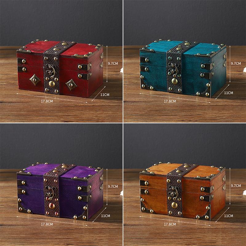 Treasure Chest Jewelry Box Solid Wood Vintage Design Handmade for Women Trinket Box Photo Props Storage Box Decorative Trunk