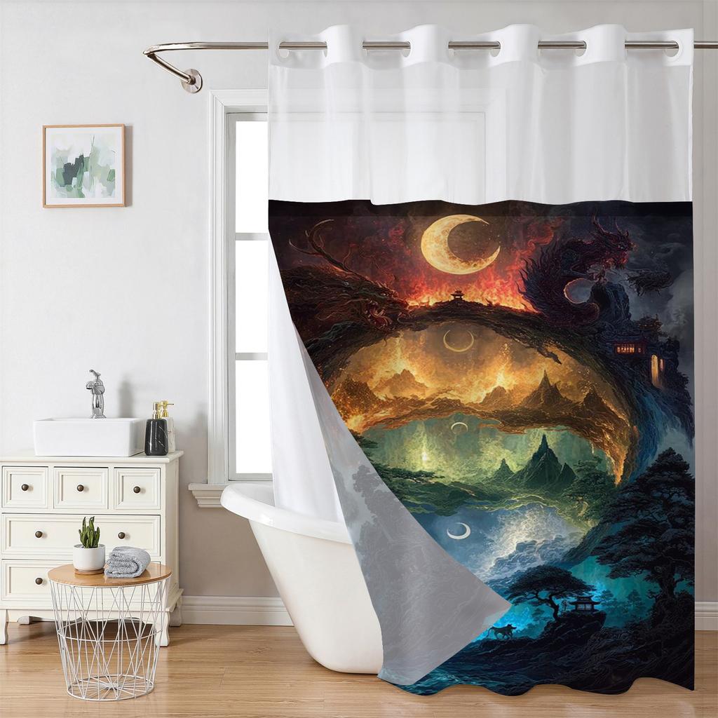 No Hook Abstract Shower Curtain with Snap In Fabric Lining, Transparent Top Window, and Waterproof Double-layer Bathtub Curtai