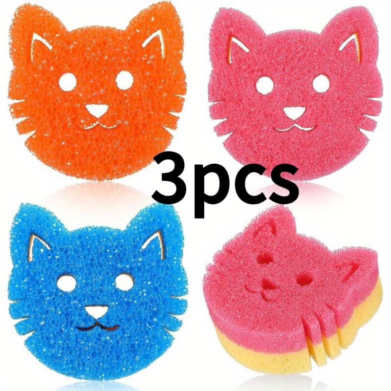 

3 шт. Двусторонние губки для мытья посуды, Термочувствительная поверхность - Не царапают, Можно мыть в посудомоечной машине, Многоцветный дизайн с кошачьей мордочкой