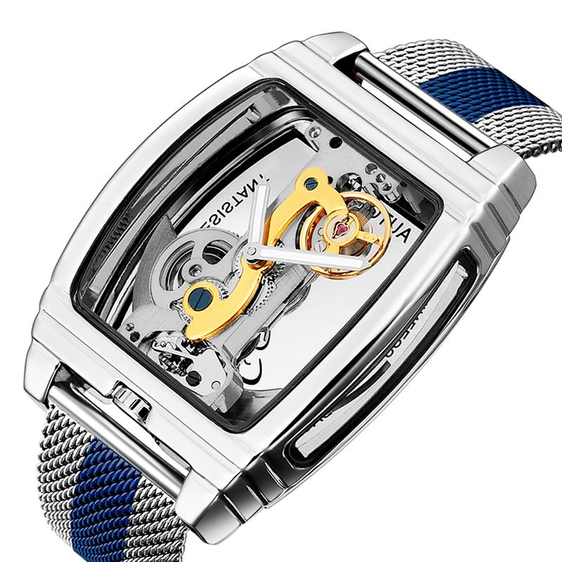 Reloj Mecánico Automático Transparente Hombre Steampunk Esqueleto Engranaje de Lujo Cuerda Automática Cuero Relojes de Hombre Montre Homme