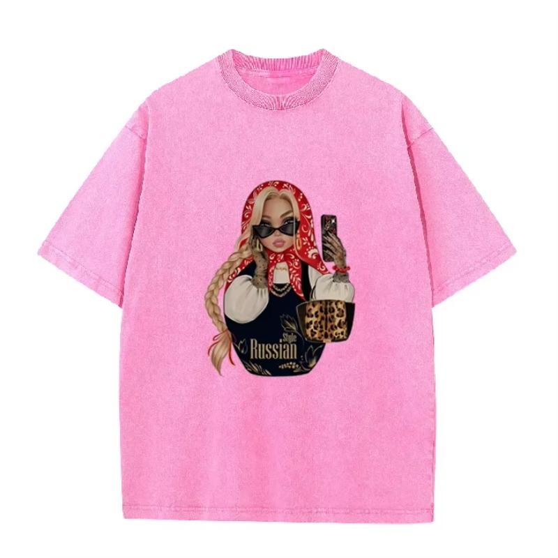 Fashion Russian Style Babushka Doll Print T-shirt Vintage Washed Casual Loose Short Sleeve Streetwear Tops