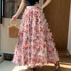 Hochwertiger Tüll-Midirock mit 3D-Blumenstickerei und Perlen für Damen 2026 Sommer Herbst Mode Design Elegant Vielseitig Lässig Langer Rock