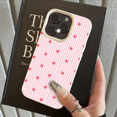 Pink Love Heart Stripe Pattern Phone Case For IPhone 17 16 15 14 13 12 11 Pro Max 15 Plus 17Air 16E Lychee Silicone Soft Cover