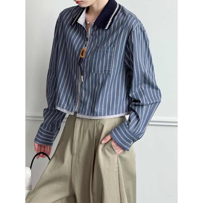 

Ju Zhi Ранняя Осень Ретро Темно-синий Полосатый Женский Топ с Длинным Рукавом Свободного Покроя в Повседневном Стиле L