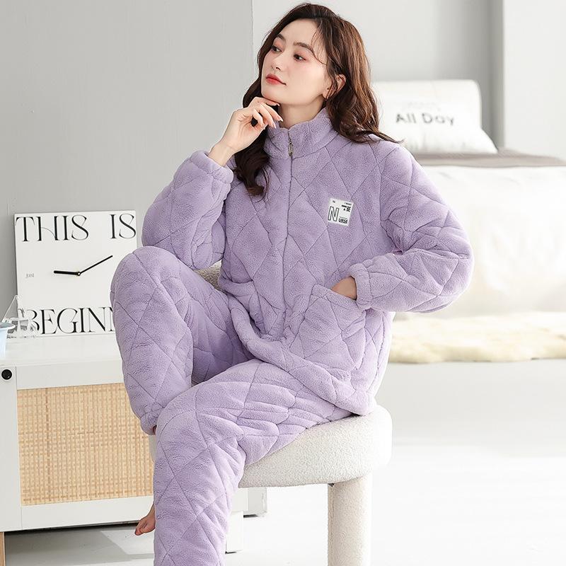 Winter Couple Pajamas Women'S Three-Layer Padded Cotton Thickened And Velvet Winter New Warm Men'S And Women'S Zipper Loungewear Set