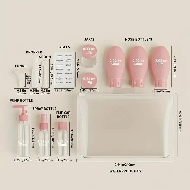 Sada 11 ks cestovních lahví s úložnou taškou Cestovní velikost Prázdné nádoby na tekutý krém s jemným rozprašovačem