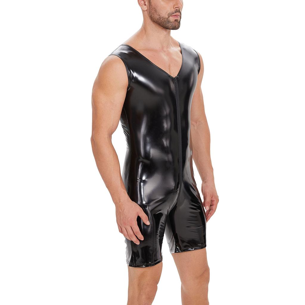 Ανδρικά αμάνικα λουστρίνι Jumpsuit Wet Look Φερμουάρ Καβάλο Γυαλιστερό κορμάκι Εσώρουχα Club Pole Dancing Στολή Μαύρο Clubwear