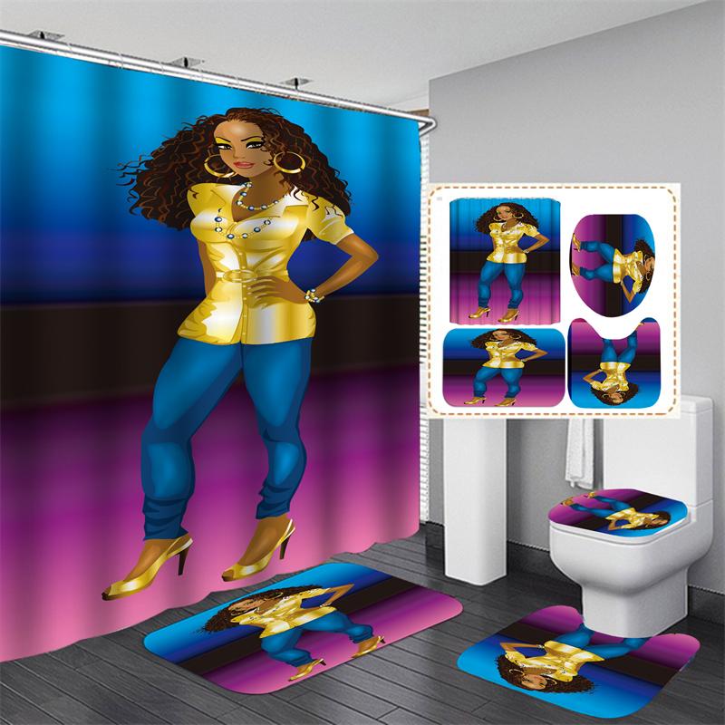 Afroamericano Afro Sexy Chica Negra Mujeres Arte Diseño Arte Graffiti Juego de Cortinas de Ducha para Baño Alfombrillas Alfombras Tapa de Inodoro Poliéster con Ganchos