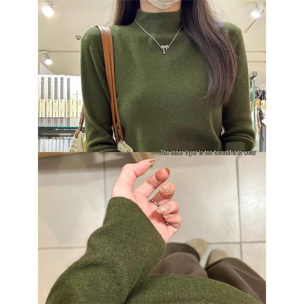 Women's Dark Green Half-High Neck Knitted Sweater - Autumn/Winter Base Layer