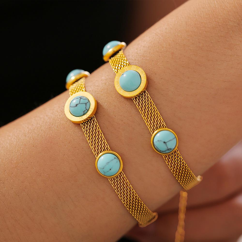 18K Gold Plated European-Style Turquoise Mesh Bracelet with Retro Design