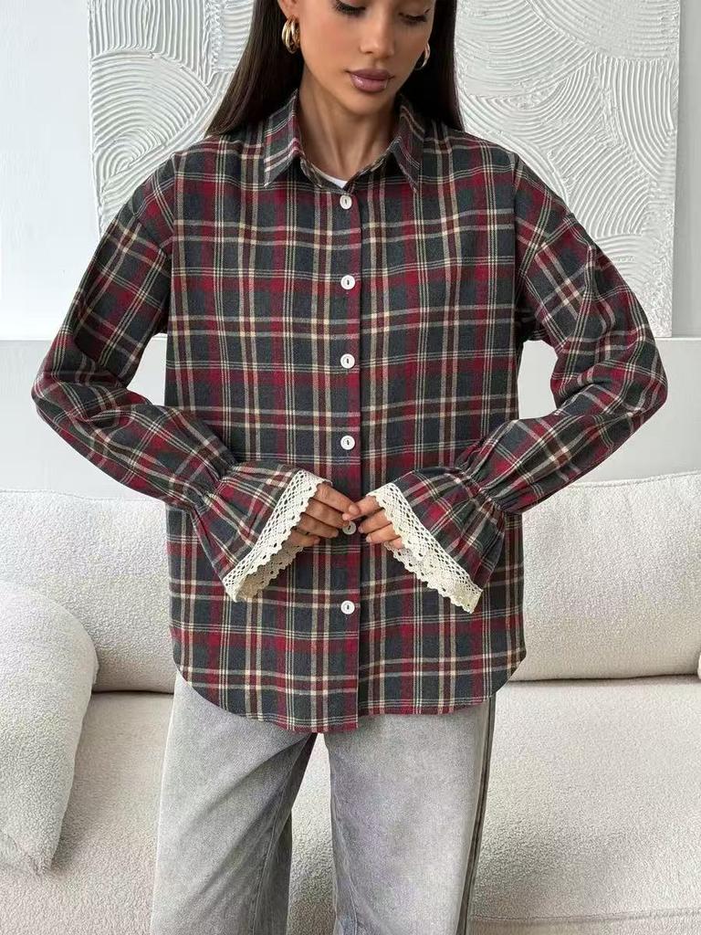 Red Black Gray Plaid Shirt with Lace Cuff Detail