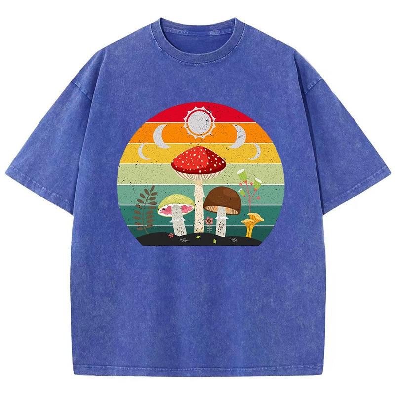 Cottagecore Aesthetic Mushroom Moon Design Washed T-Shirt Women Cotton Vintage Clothes Casual Sportswear Summer T Shirt