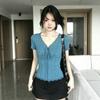 Pure desire blue V-neck lace short-sleeved T-shirt for women's summer new Korean good-looking slim-fitting thin top