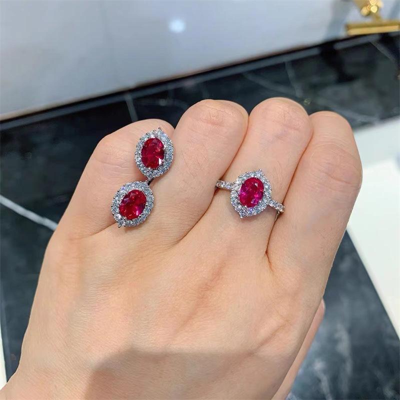 Pigeon Blood Red Gemstone Set: Elegant Ring, Earrings & Necklace with Versatile, Niche Design.