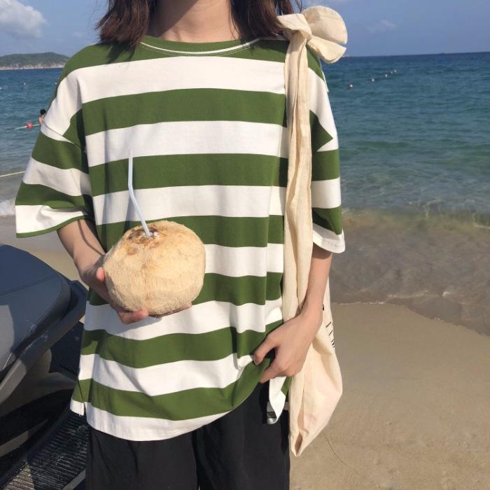 

2022 Корейский летний свитер Harajuku в полоску свободного кроя с круглым вырезом и короткими рукавами для женщин L