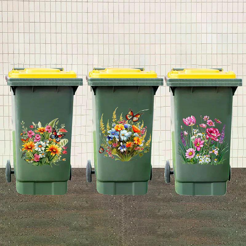 Sunflower Trash Can Stickers Floral Wheel Trash Can Stickers Self-Adhesive Waterproof PVC Decals For Walls Bathroom Home Decor