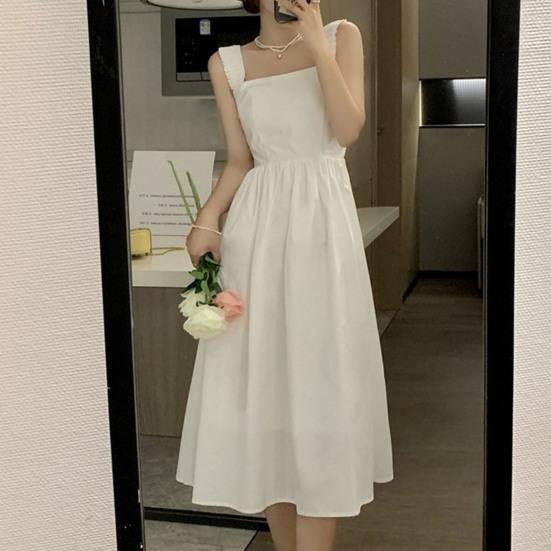 Čtvercový výstřih Bez rukávů Jednobarevné Zúžené v pase Letní šaty Sladké Elastický ramenní popruh Rozšířený velký lem Šaty na ramínka Streetwear