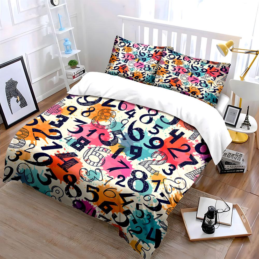 "Colorful Numbers Pattern Set for Decor" Exquisite Three-piece Bedding Set Gift for Kids and Adults