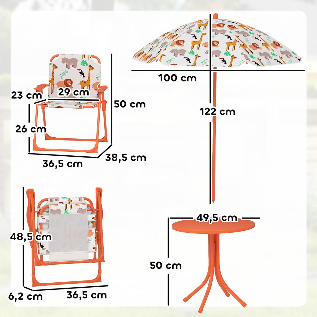Children's Garden Furniture Set, Table, 2 Folding Chairs, 100 Cm Parasol, Animal Print, Orange