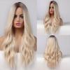 Long Wave Synthetic Wigs Ombre Black Blonde Wig with Side Bangs Heat Resistant Fiber Daily Party Hair Cosplay Wigs for Women