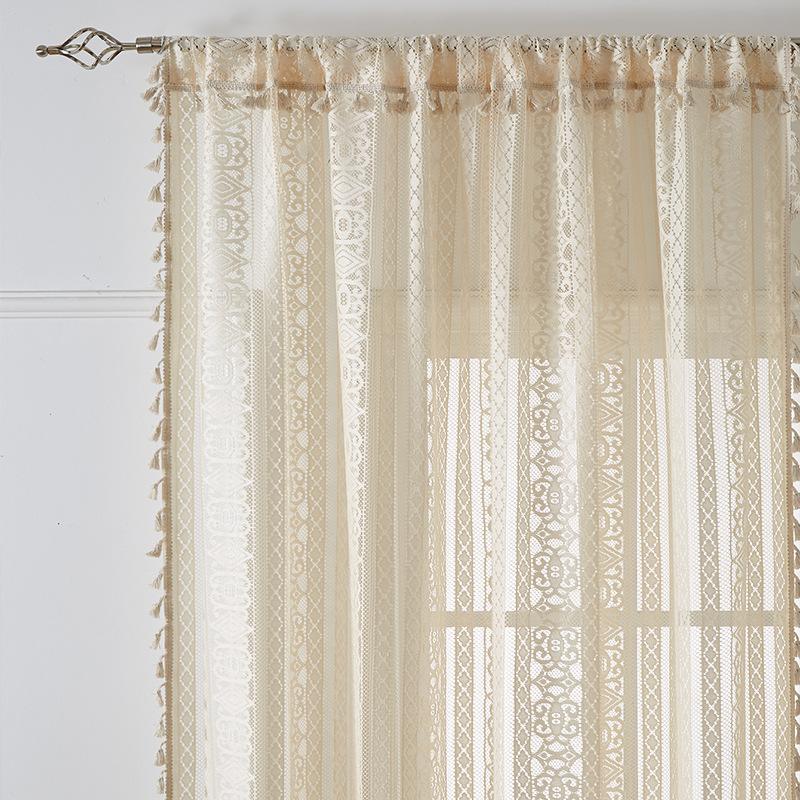 Vintage Curtain Rod Cotton Linen Curtain Tassel Beige Living Room Balcony Sheer Curtain