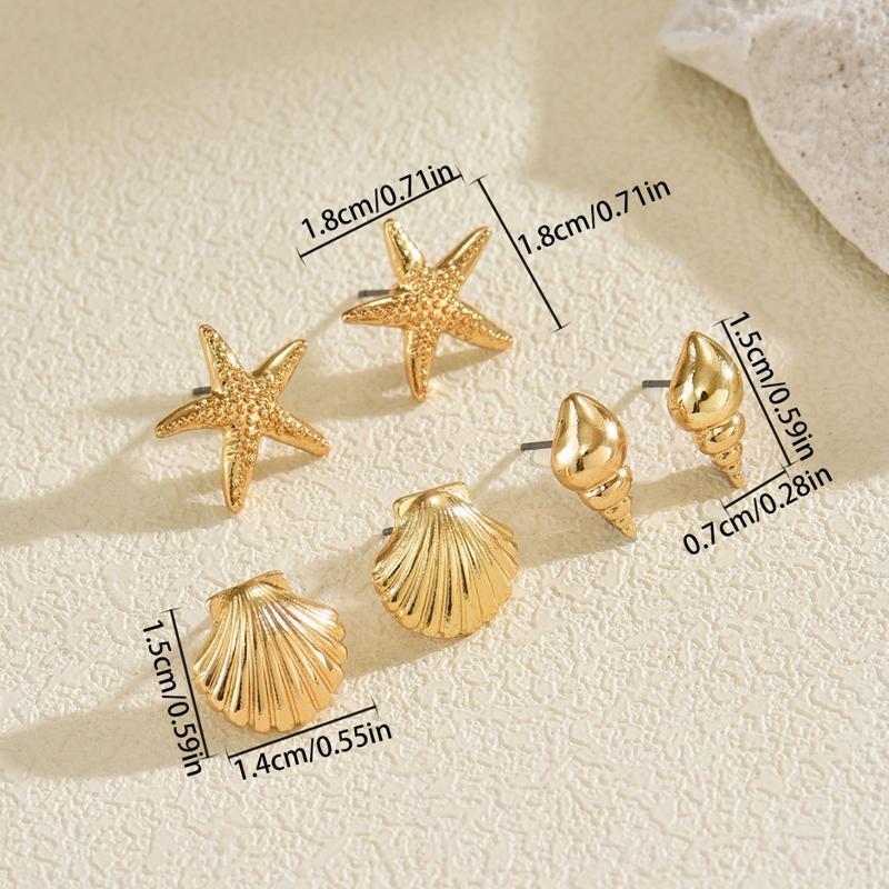 3Pairs/set Beach Style Metal Shell Star Stud Earrings Set for Women Bohemia Gold Starfish Geometric Earrings Ocean Life Jewelry